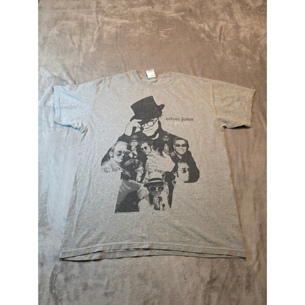 Gildan Elton John Graphic T-Shirt Mens Large Gray Short Sleeve Band Tee